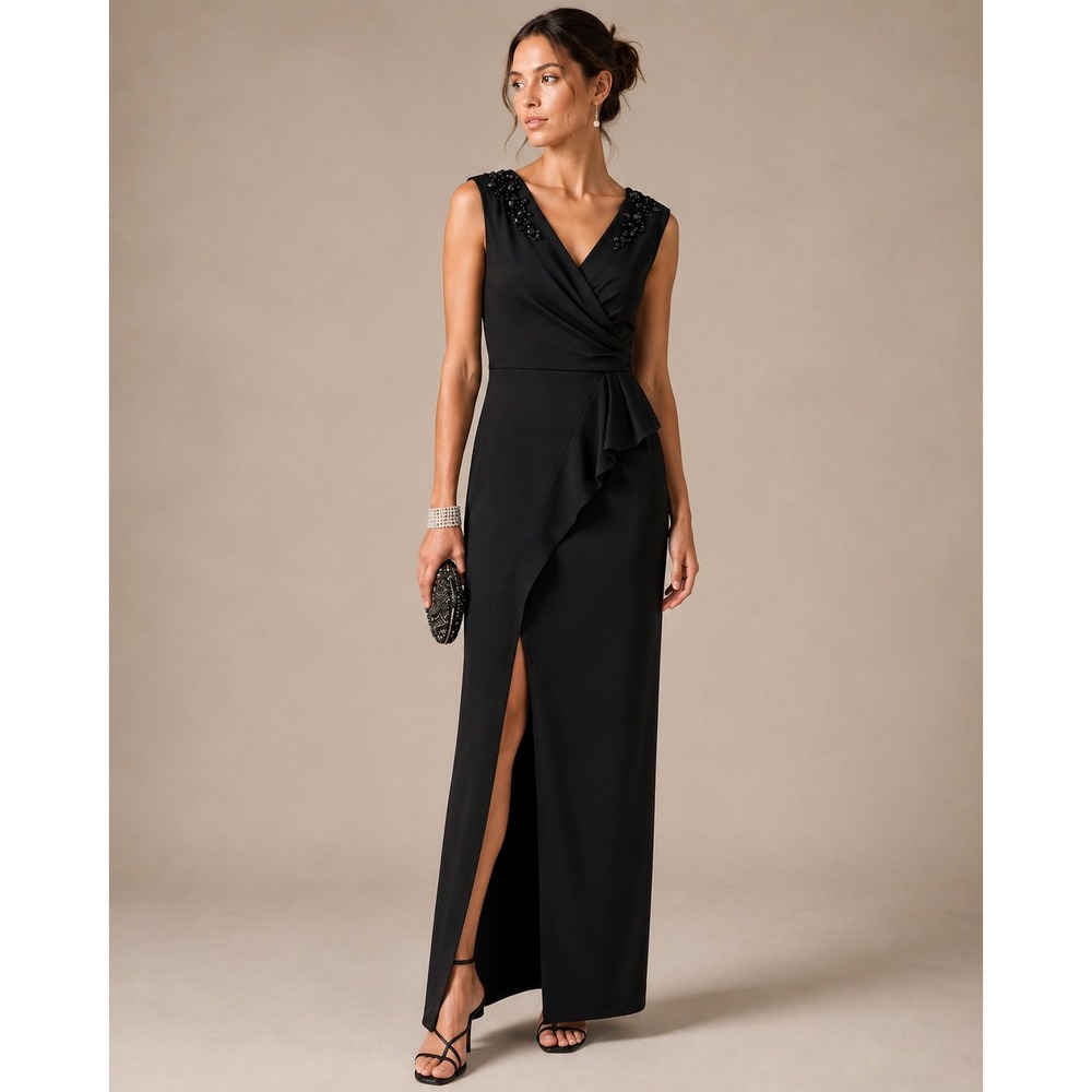 Adrianna Papell Black Beaded Shoulder Wrap-Front Maxi Dress